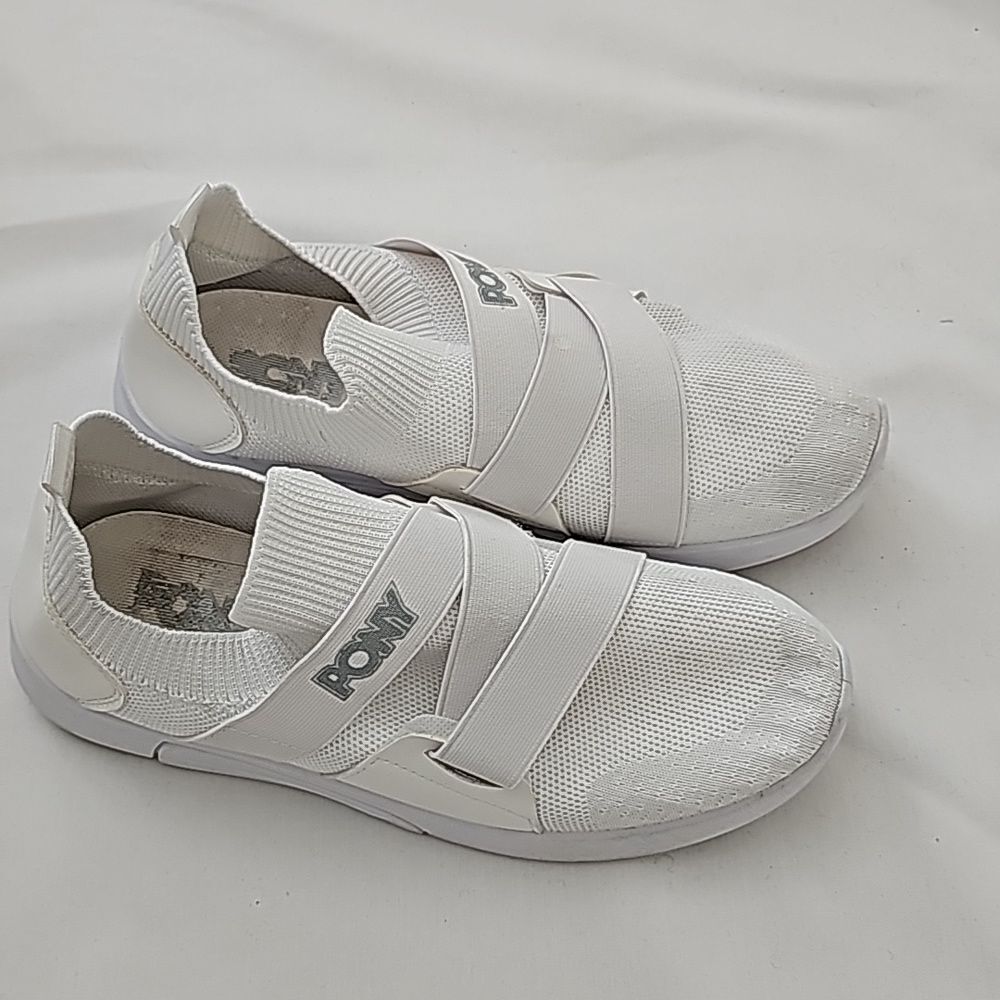 Pony Cross elastic strap slip on white perforated shoes 8.5
